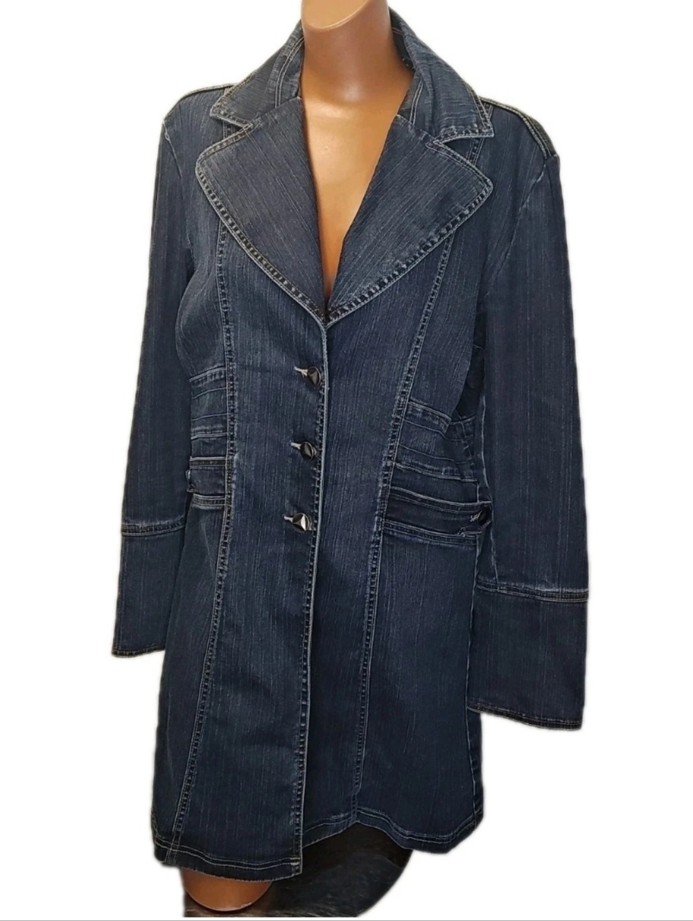 Ethyl Long Denim Duster Jean Jacket M Dark Blue 3 Button Fitted Stretch Blazer